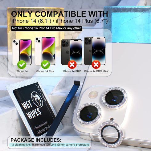 Choiche [2+1 for iPhone 14/iPhone 14 Plus Camera Lens Protector Bling, 9H Tempered Glass Camera Cover Screen Protector Metal Ring Decoration Accessories (Glitter-Silver)