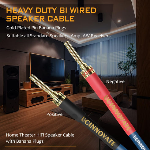 UCINNOVATE Bi-Wired Speaker Cable with Pin Banana Plugs, 13 AWG 2 Pack 9.8Ft Speaker Wire with Gold-Plated Plugs,