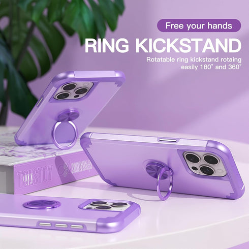 IDweel iPhone 15 Pro Max Case: 2-in-1 Shockproof with Screen Protector, 360° Ring Holder, Camera Lens Protector, Purple.