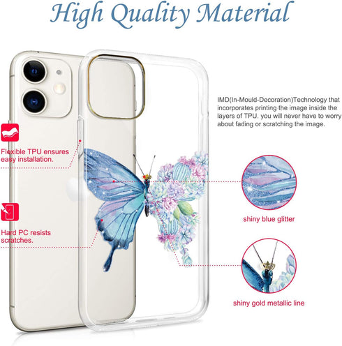 JAHOLAN Compatible iPhone 11 Case - Purple Glitter Sparkle Butterfly Design, Clear Shockproof TPU