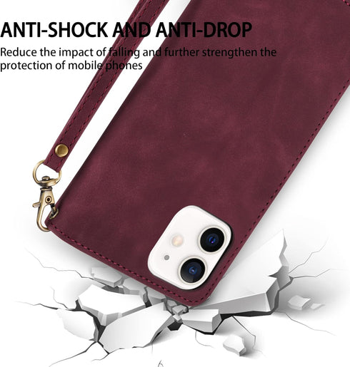 ZZXX Wallet Case for iPhone 12 Pro, Premium Soft PU Leather Zipper Folio with Card Slot, Wine Red 6.1 inch