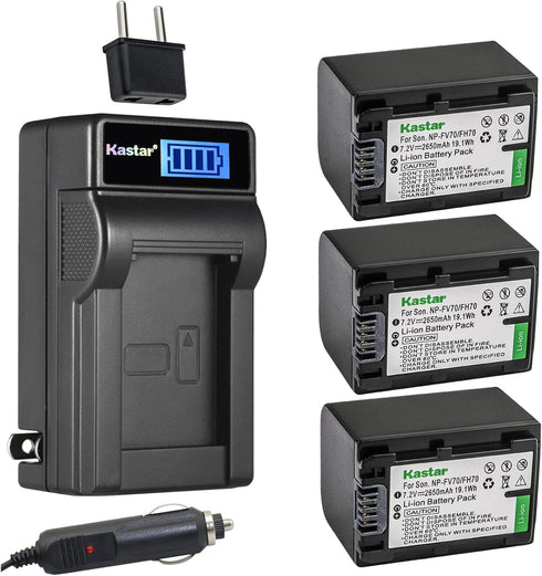Kastar 3-Pack NP-FV70 Battery and LCD AC Charger for Sony NP-FV30, NP-FV50, NP-FV70, NP-FV90 Cameras