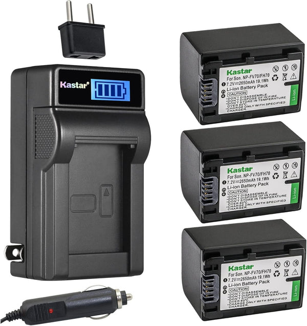 Kastar 3-Pack NP-FV70 Battery and LCD AC Charger for Sony NP-FV30, NP-FV50, NP-FV70, NP-FV90 Cameras