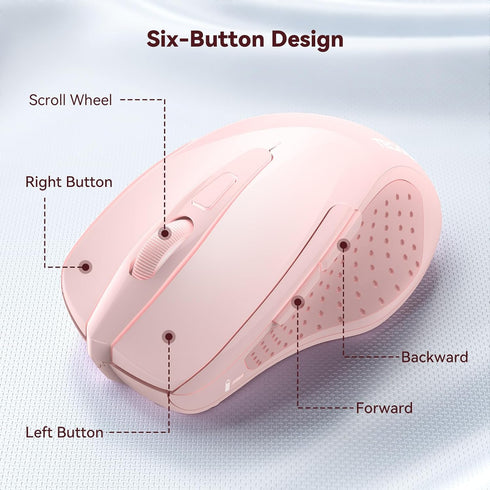 TECKNET Wireless Mouse, 2.4GHz Ergonomic Computer Mouse, Portable Cordless Mice for Laptop, 6 Buttons USB Mouse - Pink