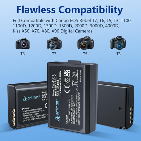 A Artman LP-E10 3-Pack 1600mAh 3-Slot E10, T7 T6 T5 T3 T100, X50 X70 X70 X80 X90, 1100D 1200D 1300D 1500D 2000D 3000D