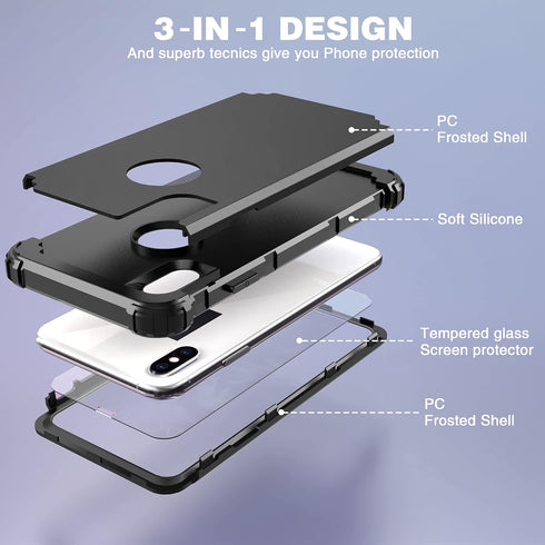 IDweel iPhone Xs Max Case with Tempered Glass Screen Protector - 3 in 1 Heavy Duty Protection Hard PC Cover, Black