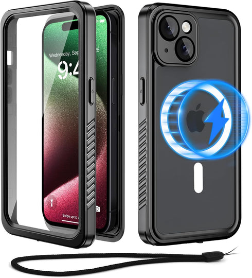Beeasy Waterproof Case for iPhone 15 with MagSafe, 360 Degree Outdoor Protective Case with Screen Protector, Black