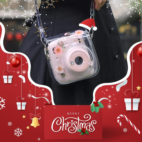 Case for Fujifilm Mini 12/11/9/8 Instant Camera, Protective Bag with Transparent Shoulder Strap (Real Flower - Pink)