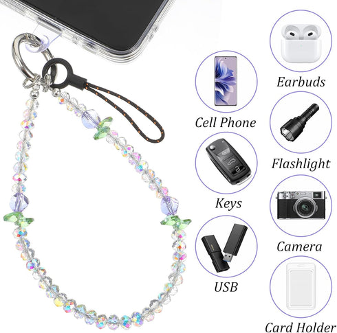 WJIAAA Colorful Crystal Phone Wrist Strap Beaded,Cell Phone Charm Chain with Tether Tab Hands-Free, Detachable Beaded