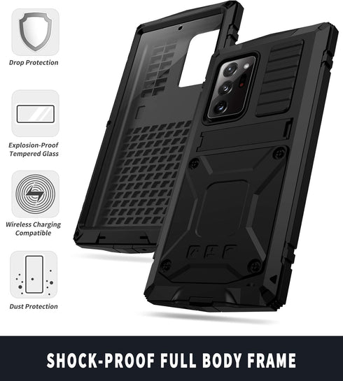 Aluminum Metal Waterproof Case for Samsung Galaxy Note 20 Ultra, Shockproof Military Heavy Duty Sturdy Protector, Black