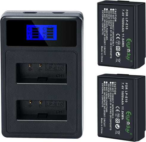 LP-E10 Battery and Dual Charger for Canon EOS Rebel T7 T6 T5 T3 T100, Kiss X50 X70, 2-Pack 1600mAh