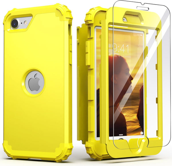 IDweel iPhone SE 2020/2022 Case, 3-in-1 Heavy Duty Slim Fit, Shock Absorption, Soft Silicone Bumper, Yellow.
