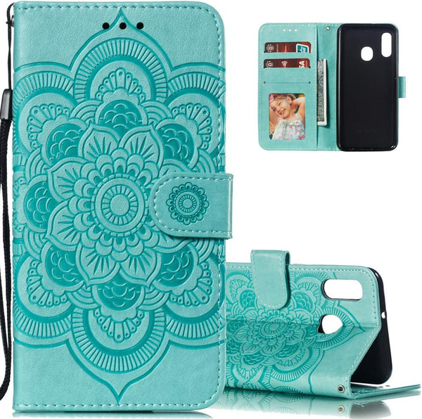 LEECOCO Mandala Embossing Luxury PU Leather Flip Case for Samsung A10E, Magnetic Stand Card Slot Folio