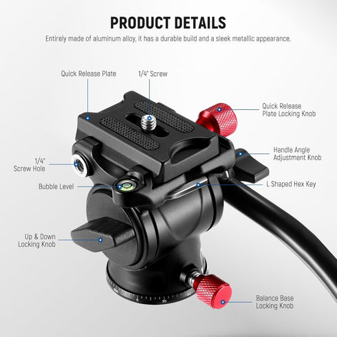 NEEWER Fluid Tripod Head with Handle, Aluminum Alloy Panorama Drag Pan Tilt Head, Max Load: 3kg/6.6lb, GM23 Red