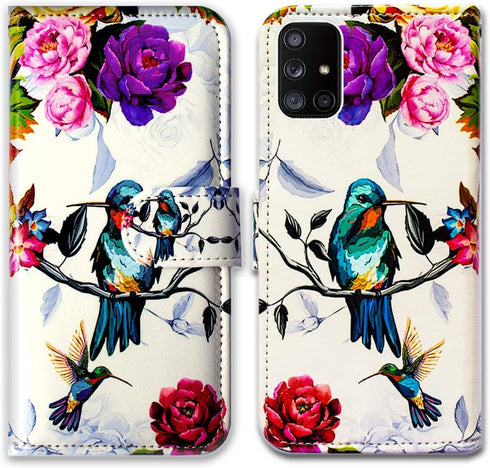 Case for Galaxy A71 5G, Hummingbird in Flowers Leather Flip Wallet Cover with Card Slot Holder Kickstand
