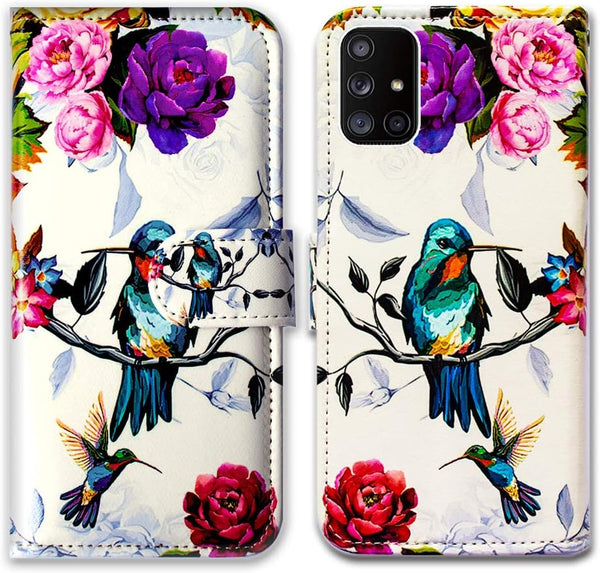 Case for Galaxy A71 5G, Hummingbird in Flowers Leather Flip Wallet Cover with Card Slot Holder Kickstand