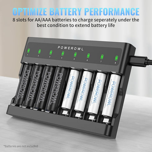 POWEROWL AA AAA Battery Charger 8 Bay, USB Fast Charging for Ni-MH Ni-CD Rechargeable Batteries