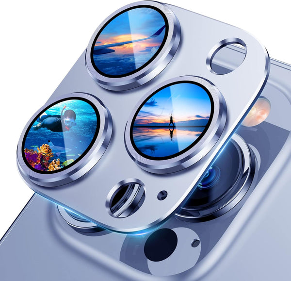UniqueMe Camera Lens Protector for iPhone 13 Pro/Pro Max - Sierra Blue, Metal Ring, Strong Drop Protection, Tempered
