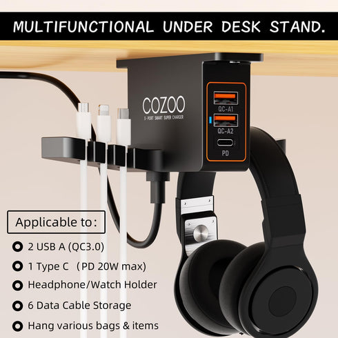 cozoo Headset 3 Headphone Stand with USB Charger Under Desk Holder Mount USB Charging Station,iWatch Stand Watch Dock