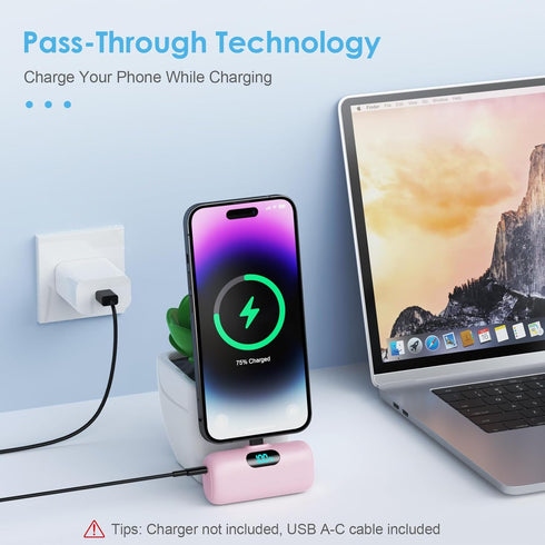 Mini Portable Charger USB C Power Bank 5000mAh, PD Fast Charging Battery Pack with Built-in USB-C Connector for iPhone