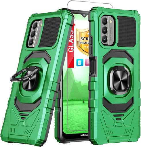 TJS Heavy Duty Phone Case for Nokia G100/Nokia C300, with Tempered Glass Protector & Magnetic Kickstand (Green)