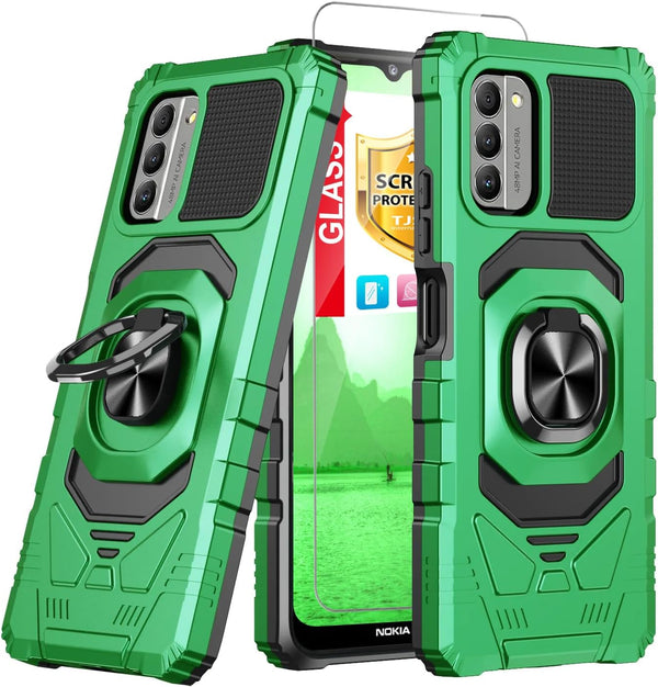 TJS Heavy Duty Phone Case for Nokia G100/Nokia C300, with Tempered Glass Protector & Magnetic Kickstand (Green)
