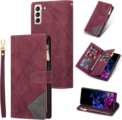 UEEBAI Wallet Case for Samsung Galaxy S21 FE 5G, Vintage PU Leather Cover with Card Slots and Zipper Pocket