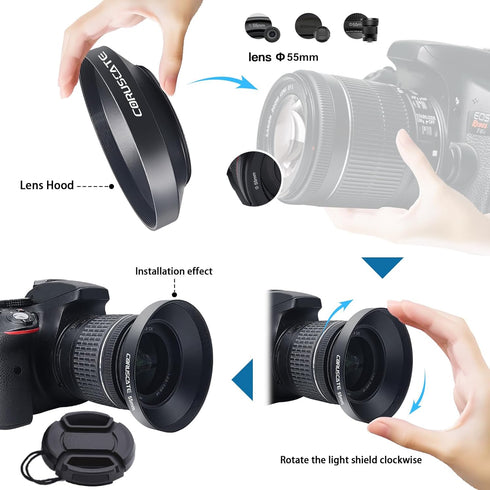 55mm Universal Metal Lens Hood, Wide Angle Compatible with All 55mm Brands + 1pcs 55mm Lens Cap