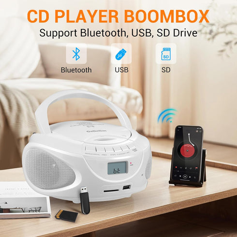 Gelielim Portable CD Player Boombox with AM/FM Radio, Bluetooth Speaker, Supports CD/USB/SD/BT/AUX, Gifts for Parent