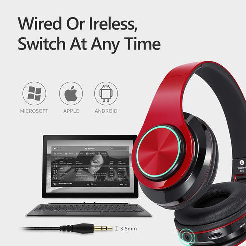 Bluetooth Over Ear Headphones with Deep Bass, LED Foldable Stereo, Wired and Wireless Headset for Smart Phone/TV/PC