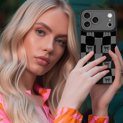 Jefonha 17 17 6.9 inch, Checkered Case for iPhone Pro Max with Finger Strap Kickstand Cute Checkerboard Bow Phone Case