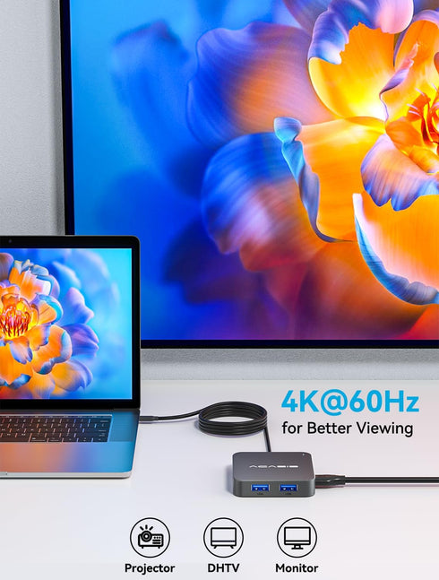 ACASIS 4FT 10Gbps, 4K 60Hz 100W 3 A3.1+1 3.1 USB C Hub Long Cable Multiport Adapter with HDMI, Power Delivery, USB