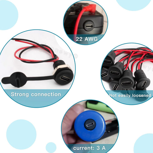 Type-C Female Chassis 2 Pin Wire Waterproof Jack Connectors 3A USB C Pigtail Cable Extension Socket Plug (10Pcs)