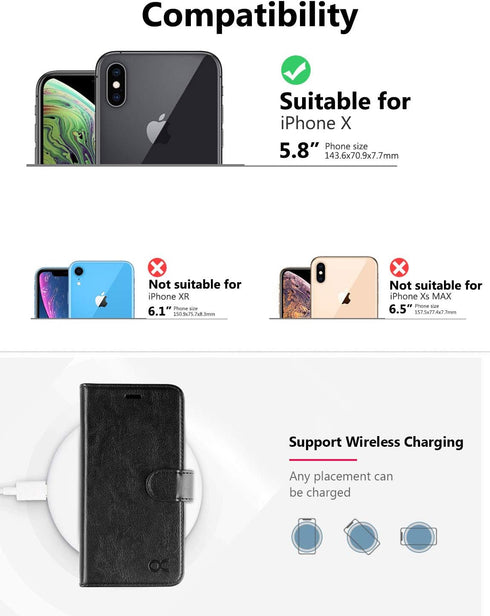 OCASE Black Phone X Wallet Case - Leather Flip Wallet with Card Slot, Kickstand & Wireless Charging for Phone 10