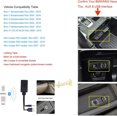 Bluetooth Adapter for BMW Mini Cooper Aux 3.5 Cellphone HiFi Music Compatibility