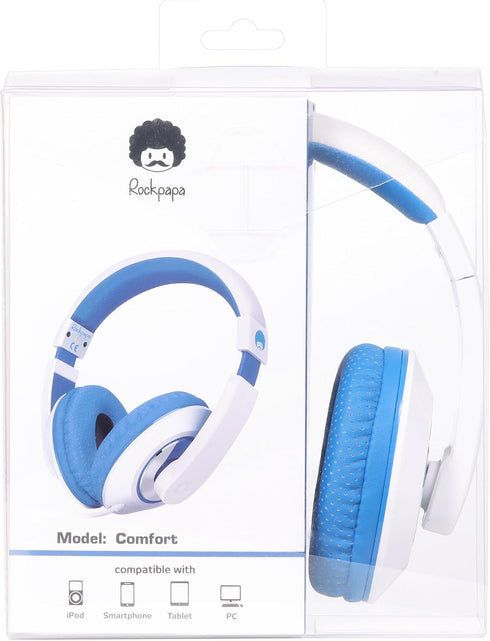rockpapa Comfort Kids Headphones for School, Lightweight Over-Ear Wired 3.5mm for Boys Girls Teens, Travel White/Blue