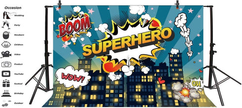 Haoyiyi 5x4ft Superhero City Backdrop, Dark Blue Sky Boom Cloud Background for Photography Activity Decoration