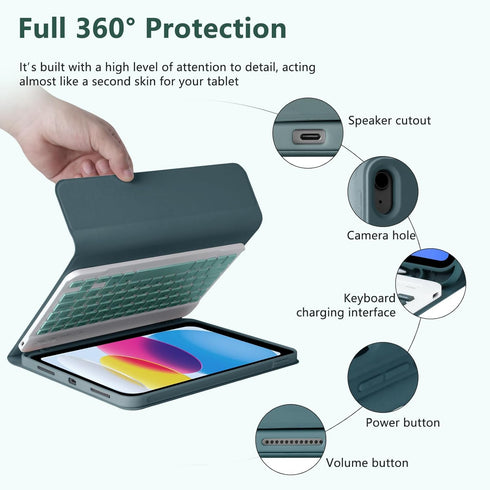 MMK Keyboard Case for iPad 10th Generation 10.9" 2022, Detachable Bluetooth Keyboard & Pencil Holder, Green