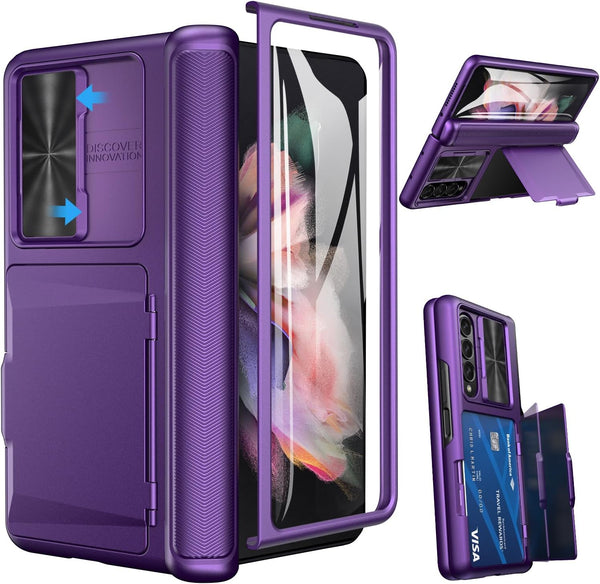 Viaotaily Dark Purple Case for Samsung Galaxy Z Fold 3 with Card Holder & Slide Camera Cover, Built-in Screen Protector