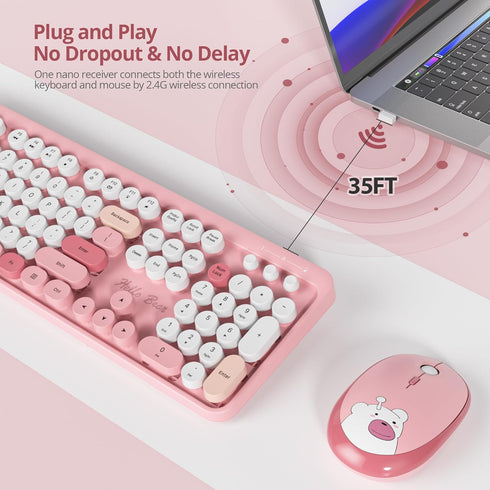 Typewriter Wireless Keyboard and Mouse Combo, 2.4G Office 104 Keys Full Size Retro Punk Keyboard with Round Keycaps