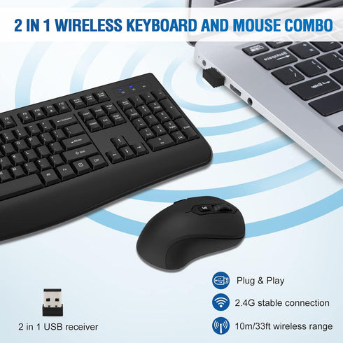 Wireless Keyboard and Mouse Combo, Full-Sized 2.4GHz Wireless Keyboard with Optical Mouse for Windows, Mac OS,