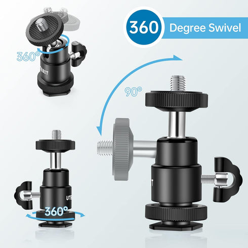 12MM Tripod Ball Head, UTEBIT 360 Rotatable Metal Mini Ball Head with 1/4" hot Shoe, BallHeads Camera Mount Adapter for Sport Camera, Pocket Light, Microphone, Loading 1.1lb(2 Pack)