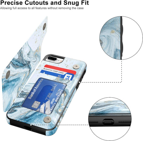 LETO for iPhone 8 Plus Case, iPhone 7 Plus Flip Folio Leather Wallet Cover with Opal Blue Marble Designs, Card Slots