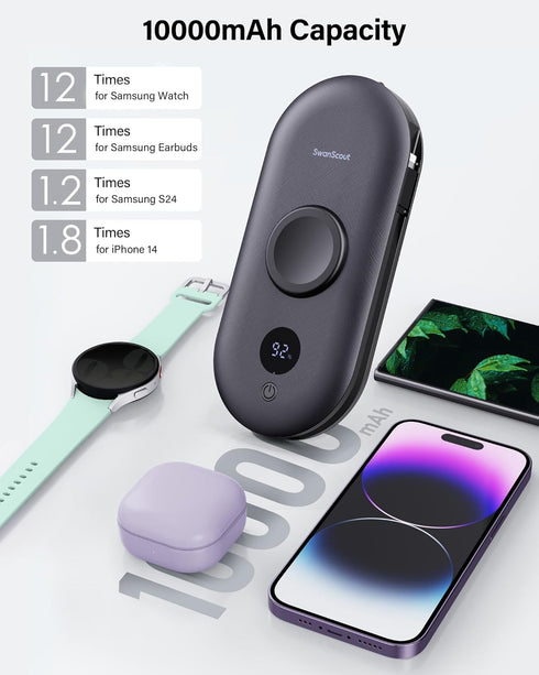 Portable Charger for Samsung Watch 7, 10000mAh Power Bank with Built-in Cables and AC Wall Plug for Samsung Phones and