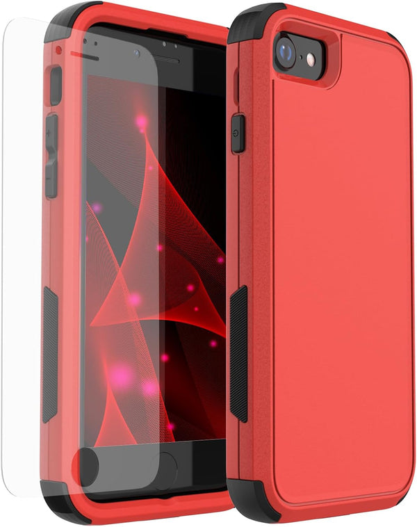 iPhone SE 2022 (3rd Gen) Heavy Duty Case with Glass Protector, Rugged Shockproof, Drop Proof, 3-in-1 - Red/Black