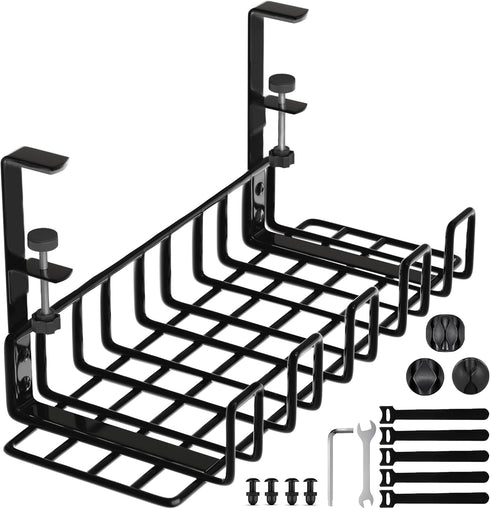 Under Desk Cable Management Tray - 16” No Drill Cord Organizer with Clamps for Wire Management, Pack of 1