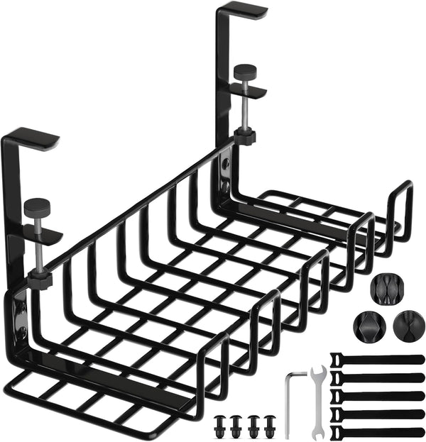 Under Desk Cable Management Tray - 16” No Drill Cord Organizer with Clamps for Wire Management, Pack of 1