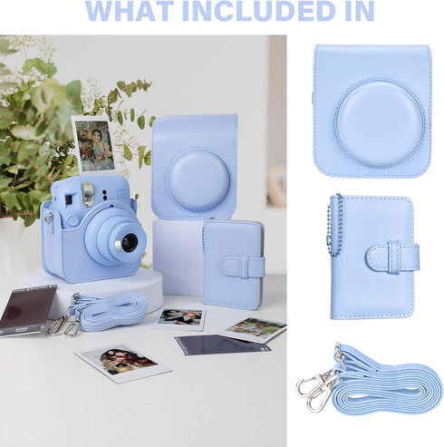 Camera Case and Album for Fujifilm Instax Mini 12, Carry Bag with Strap and Photo Album - Pastel Blue