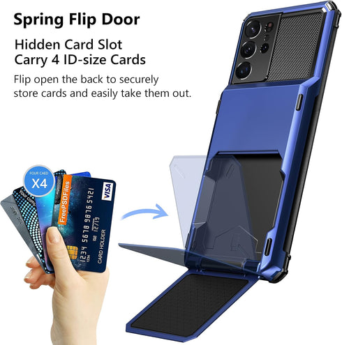 Vofolen Wallet Case for Galaxy S21 Ultra, Credit Card Holder, 4-Card Flip Cover, Dual Layer Hybrid Hard Shell (Navy)