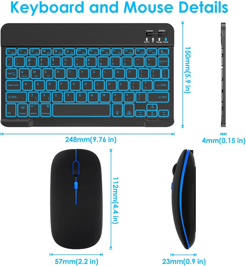 LAMA 7 Colors Backlit Bluetooth Keyboard and Mouse, Ultra-Slim Wireless for iPad, iOS, Windows & Android